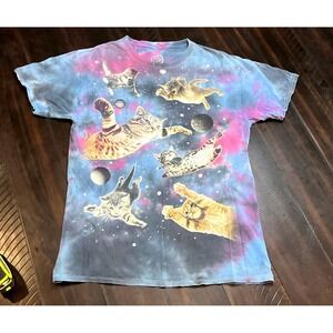 Dom Space Cats Galaxy Tie Dye T-Shirt Mens Medium Blue Pink Graphic Tee Good